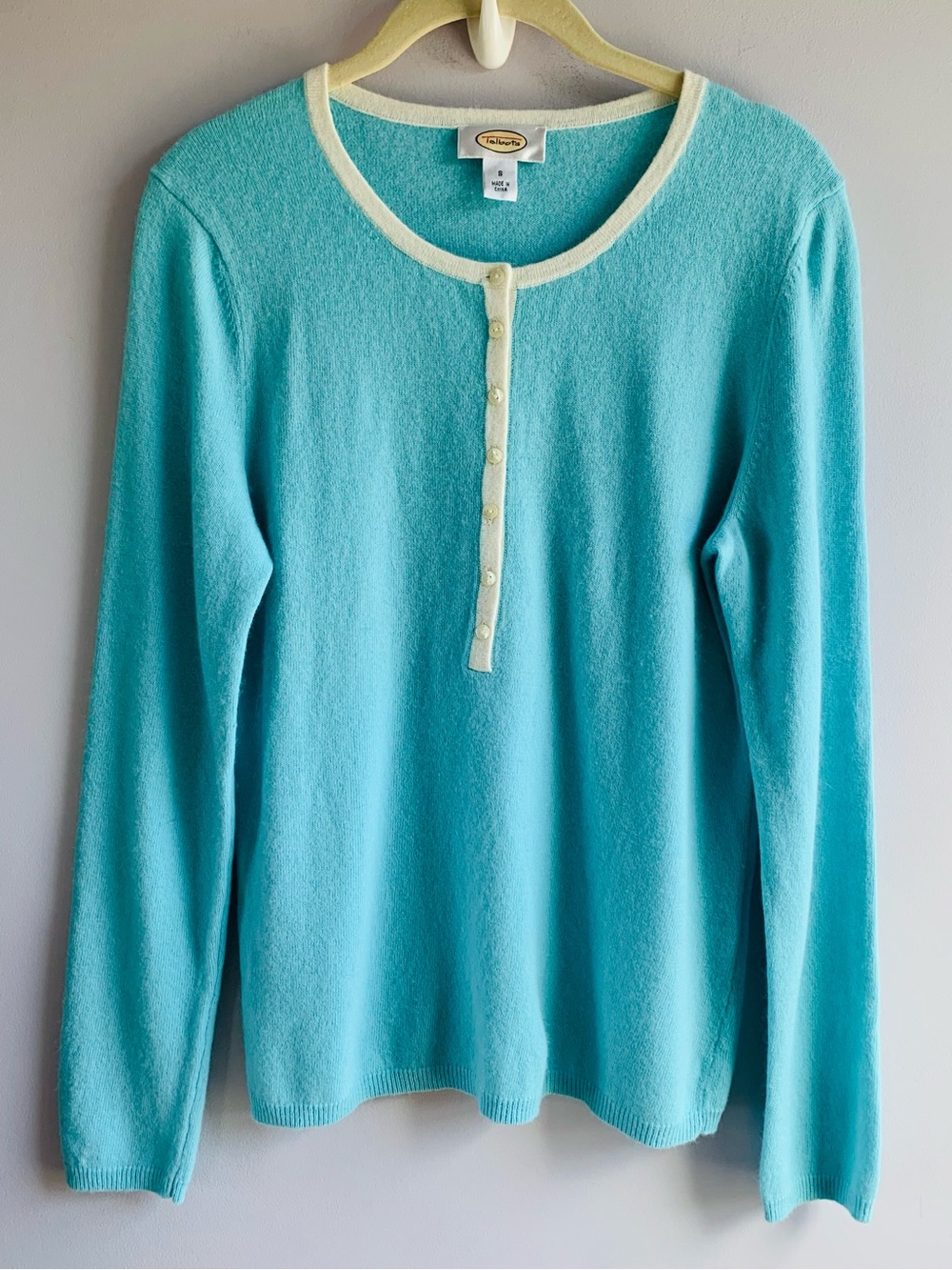 Talbots Wool Blend Sweater Aqua Cream Pastel Soft Business Casual EUC Small